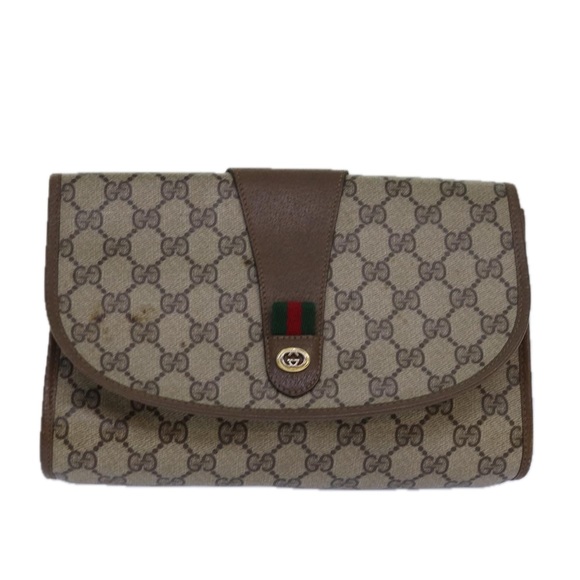 GUCCI GG Supreme Web Sherry Line Clutch Bag PVC Beige Gold 89 01 030 Auth 84639 - Picture 13 of 16